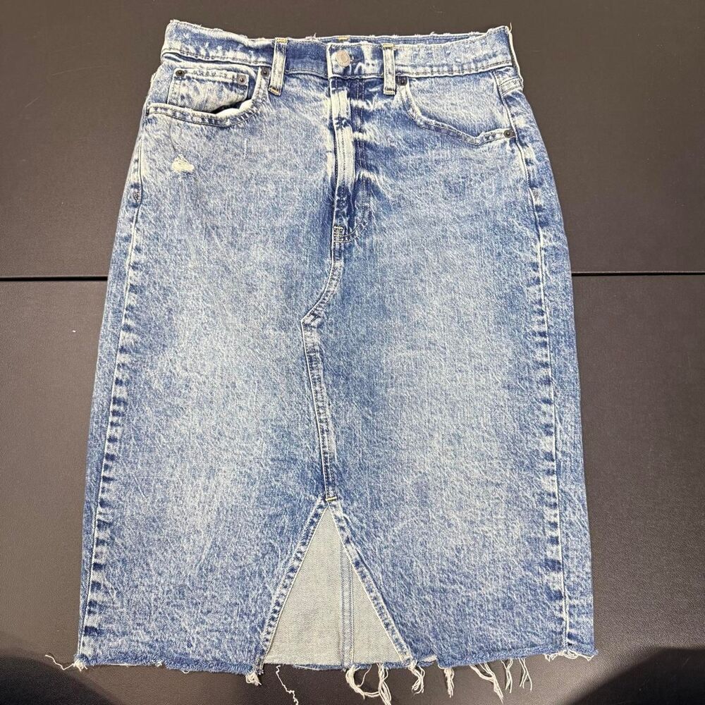 Gap Acid Wash Denim Midi Skirt Front Slit Raw Hem Size 29/8